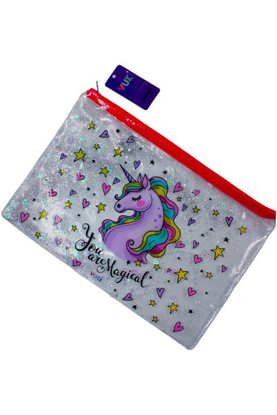 BUKİVUKİ KİDS COLLECTİON Unicorn Patterned Vuki A4 Transparent File - Water Zipper Vk-0073-02