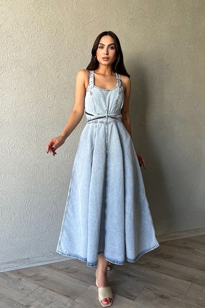 Seda Yalçın Atelier Light Blue Denim Long Dress with Tie Detail