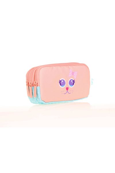 KAUKKO L8142 Model 3 Compartment Pencil Bag for Kids - Cute Face Cat