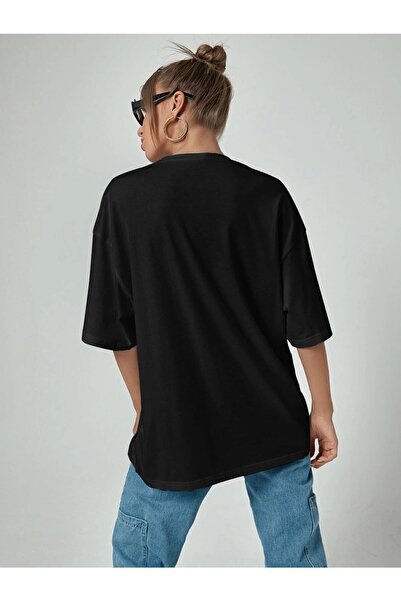 Genel Markalar Kadın Kelebek Baskılı Siyah Oversize T-shirt