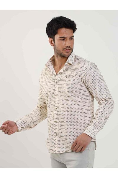 Dufy Μπεζ ανδρικό πουκάμισο Slim Fit - Μακρύ μανίκι, γιακάς Brent, καρό σχέδιο - 102409