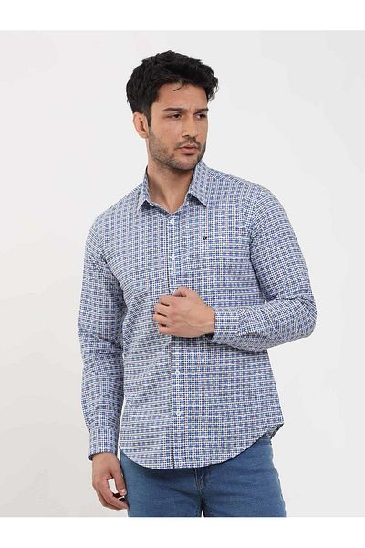 Dufy Ανδρικό πουά πουά μπλε Slim Fit - Brent Collar, μακρύ μανίκι - 104354
