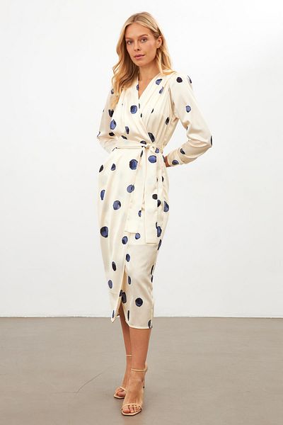 Setre Ecru-Blue Polka Dot Detailed Waist Tied Long Sleeve Midi Dress