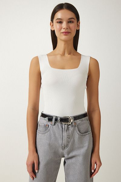 Happiness İstanbul Women's White Square Collar Knitwear Crop Blouse US00358