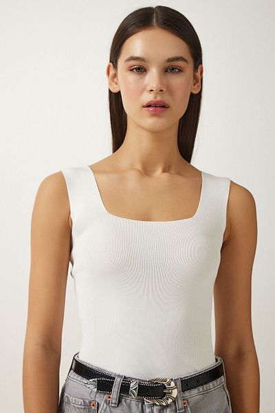 Happiness İstanbul Women's White Square Collar Knitwear Crop Blouse US00358