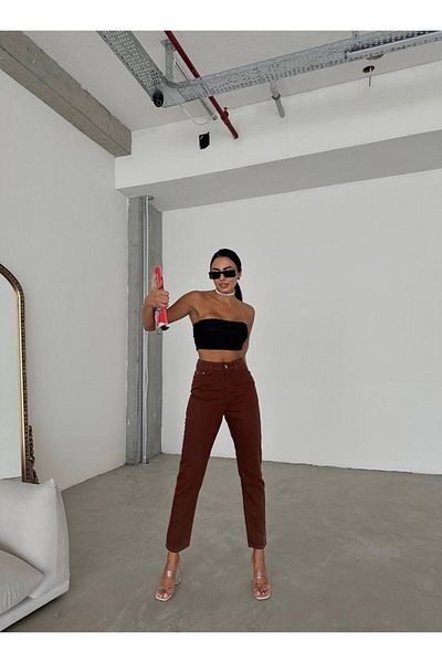 Geppetto Penolope Γυναικεία Mom Jean Καφέ Ψηλόμεση Lycra Τζιν Τζιν παντελόνι