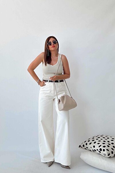 Geppetto Penolope Women's - High Waist Cream Colored Wide Leg Jeans