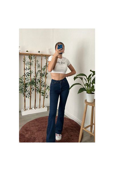 Geppetto Penolope Women &Apos; S High Waist Power Lycra Jeans, Dark Blue Flared Leg Jeans