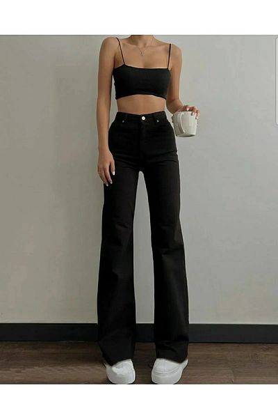 Geppetto Penolope Leo Christian 90s Black Lycra Palazzo Jeans - Super High Waist and Loose Leg