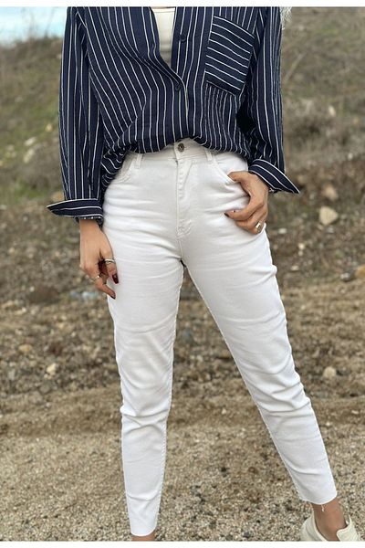 Geppetto Penolope Women - Jean alb cu talie înaltă Lycra Mom