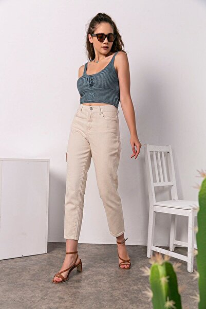Geppetto Penolope Dora High Waist Lycra Beige Mom Jeans - Stretchy Jeans 2024