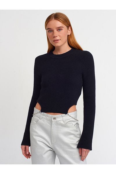 Dilvin 10494 Pulover cu strasuri detaliat cu lanț cu spate deschis cu textura moale-negru