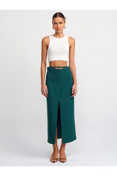 Dilvin 80790 Long Smart Skirt with Waist Detail-Green
