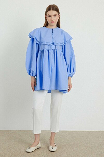 Hooopstore Tunica albastra din poplin - Design cu guler