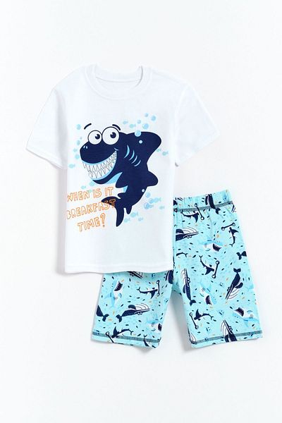 Kyron 100% Cotton Shark Printed Shorts 2-Piece Boy's Set - White - Blue