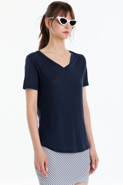 Kyron Stylish V-Neck Basic Navy Blue T-Shirt for Women - Soft Polyviscon Fabric - Comfortable and Stylish Design