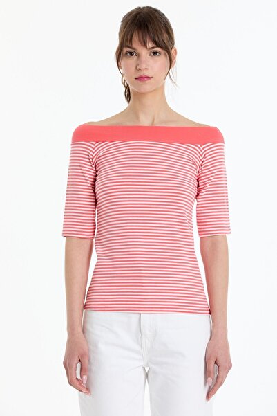 Kyron Βαμβακερό ριγέ γυναικείο μπλουζάκι με γιακά Princess - Ρόδι