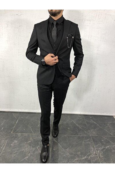 Fatih Zeyrek Erkek Dar Kesim Yelekli Takım Elbise - Siyah