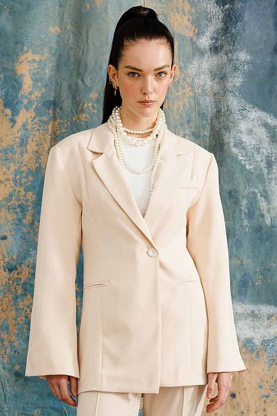 Hooopstore Stone Color Single Button Double BreastedBlazerJacket