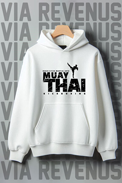 Vordevia Hanorac supradimensionat cu glugă, cu buzunar cangur, imprimat Muay Thai, cu 3 fire, cu cusătură ridicată.