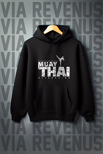 Vordevia Hanorac cu glugă supradimensionat cu imprimeu Muay Thai - Buzunar ca...