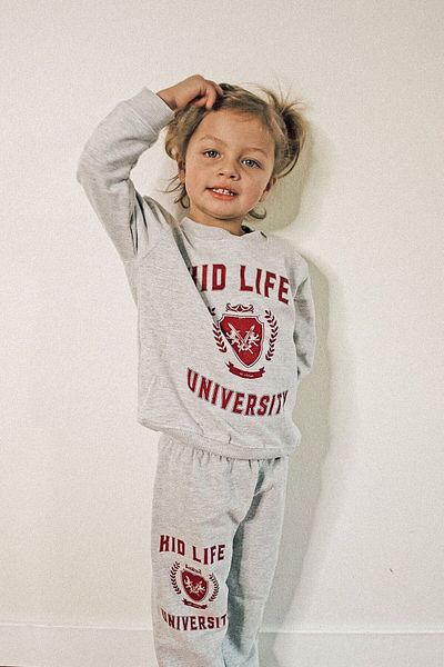 MORNİNG KİDS Gray Crew Neck University Printed Children's Sweatshirt and Sweatpants Set