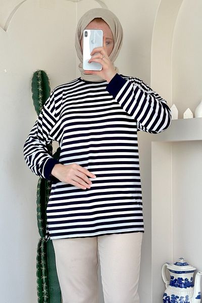 ModaAycan Ma152 Model Striped Navy Blue Tunic