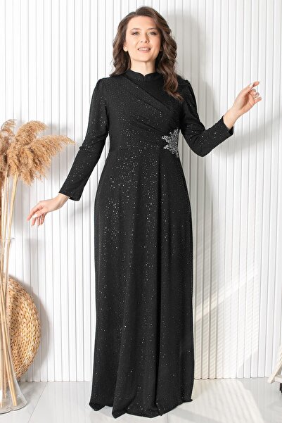 SUBU TASARIM Black Glittered Stone Printed Evening Dress - Tbs2424