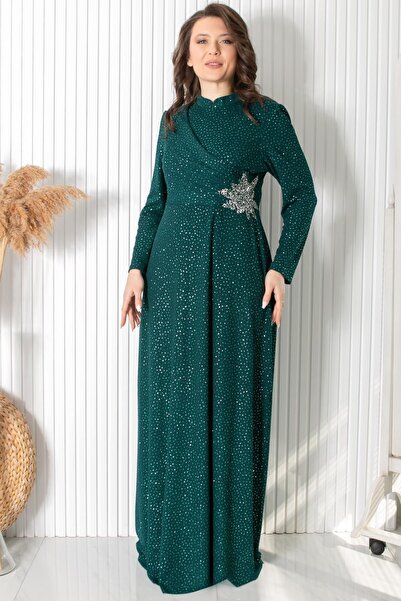 SUBU TASARIM Βραδινό φόρεμα με στάμπα Green Glitter Stone - TBS2424