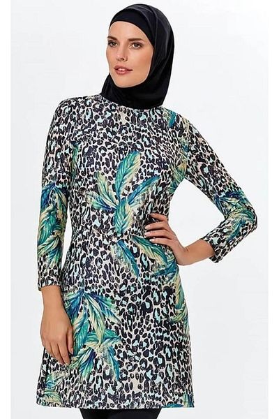 Argento 0704-1197 Black Leopard Pattern Long Sleeve Hijab Swimsuit