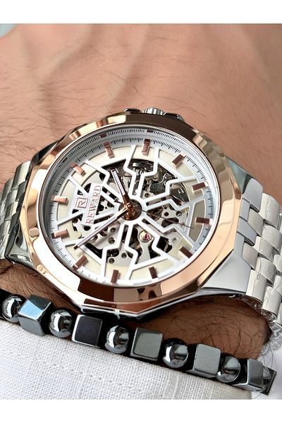 Reward Men's Silver Color Automatic Wrist Watch and Steel Cord - Bracelet Included