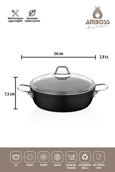 Amboss 3 Piece Dark Fireproof Non-Stick Titanium Coated Pot Pan Set with Lid - 24 cm