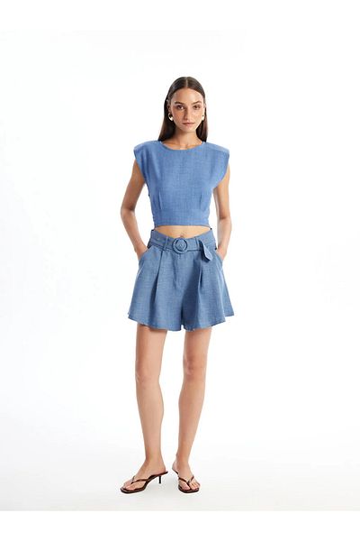 LC Waikiki LCW Vision Indigo Pantaloni scurți pentru femei cu aspect de in cu centură în talie
