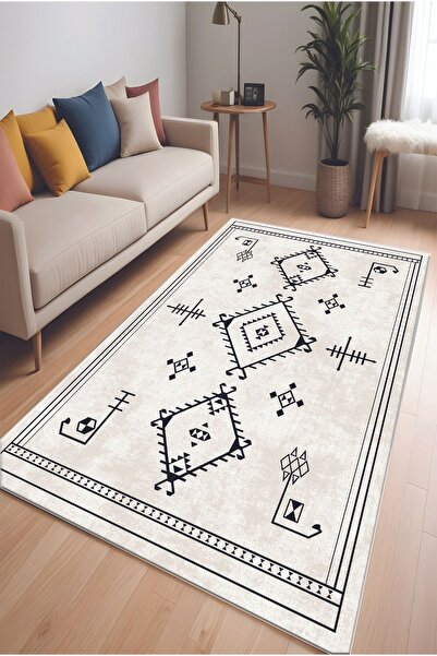 Noble Halı Dijital Baskı Beyaz Renkli Baklava İskandinav Desen Makinada Yıkan...
