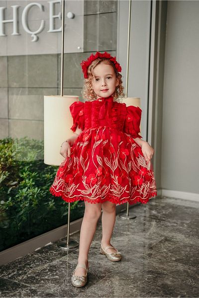 MIALORA EXCLUSİVE By Emel Ebru Özdemir Red Special Design Girl's Evening Dress, Girl's Birthday Dress with Hair Accessories