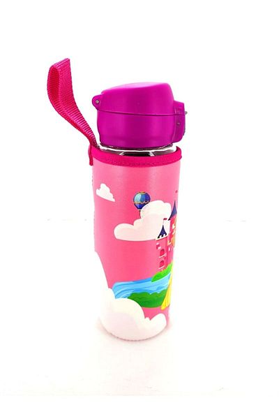 Zarif İnci 500ml Pink School Water Bottle with Leather Cover and Lock System Princess