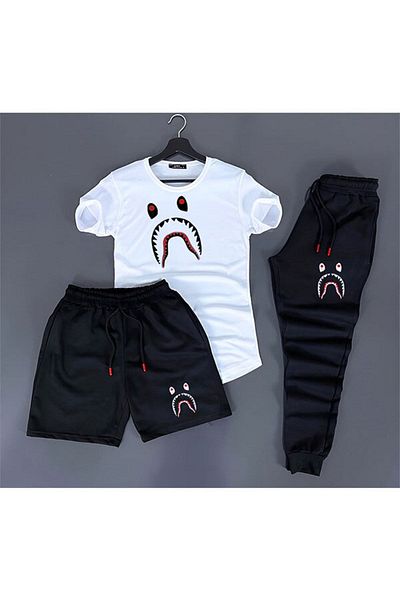 Rex Darius 3-Piece Unisex Combination Cute Monster Printed White, Black, Red, Yellow T-shirt, Black, Shorts and Tracksuit