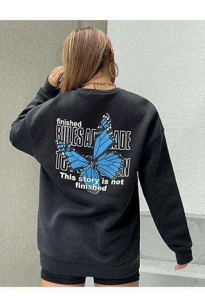 blackjack giyim Blackjackgiyim Femei - Negru Oversize Blue Butterfly Printed Crew Deck