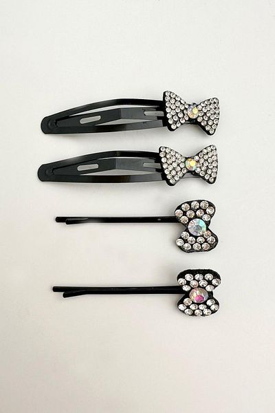 Modex Black Bow Figured Stones Quadruple Hair Clip (6cm)