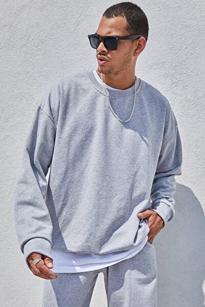 Genel Markalar Grı Unısex Oversıze Bol Kesim Basıc Sweatshırt