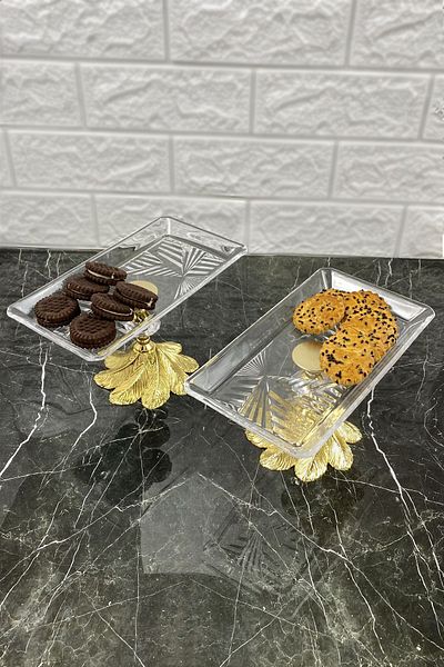 MAY HOME Kand 2-Piece Small Size Madlen Glass Serving Dishes Metal Standing Glass Serving Rack