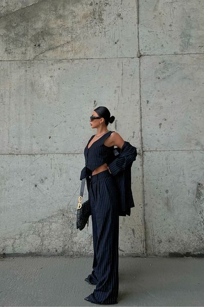 FMN Moda Vestă crop cu detaliu linie albă pentru femei Jachetă blazer supradimensionată cu croiala largi Pantaloni largi Costum de jos