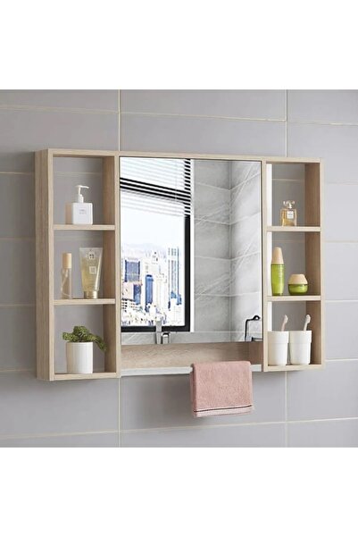 AZZURİ AZZURİ Aynalı Havlu Askılıklı 8 Bölmeli Açık Raflı 1 Kapaklı Asma Banyo Dolabı 70x70cm MEŞE
