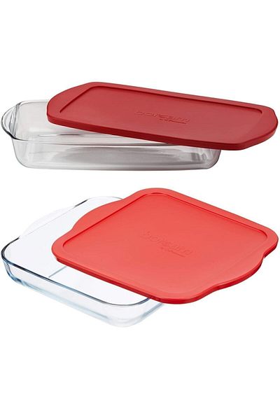 Paşabahçe Set of 2 Square and Rectangular Red Pyrex Glass with Lids