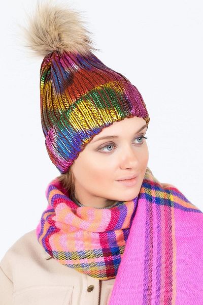 POSUSS Shiny Printed Rainbow Colored Pompom Women's Beret Brown - Ps1164