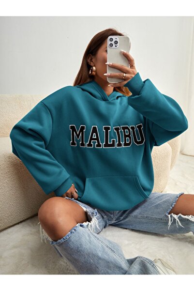 Fun Fashion Φούτερ με κουκούλα σε μπλε λαδί απόχρωση, με στάμπα Malibu - Τσέπ...