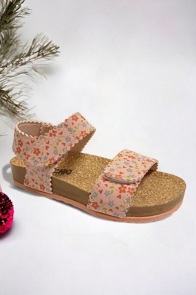 Ponchiq Sandale pentru fete din piele întoarsă pudra cu modele de flori