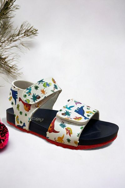 Ponchiq Boys' Sandals - White, Navy Blue, Dinosaur Pattern