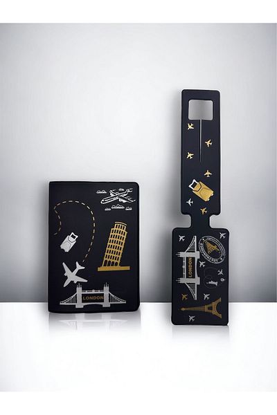 Gempo 2-Piece Vegan Leather Passport Cover Travel Set Passport Container and Suitcase Label Luggage Label Set of 2