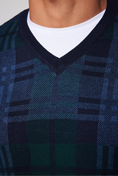 Tudors Erkek Slim Fit V Yaka Kareli Lacivert Triko Kazak